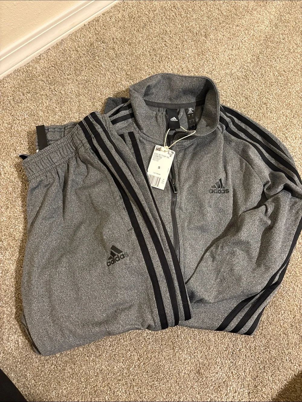 adidas Gray and Black Three-Stripe Track Jacket & Pants Set